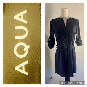 Aqua Navy Blue Shirt Dress with tie waist Size XS
